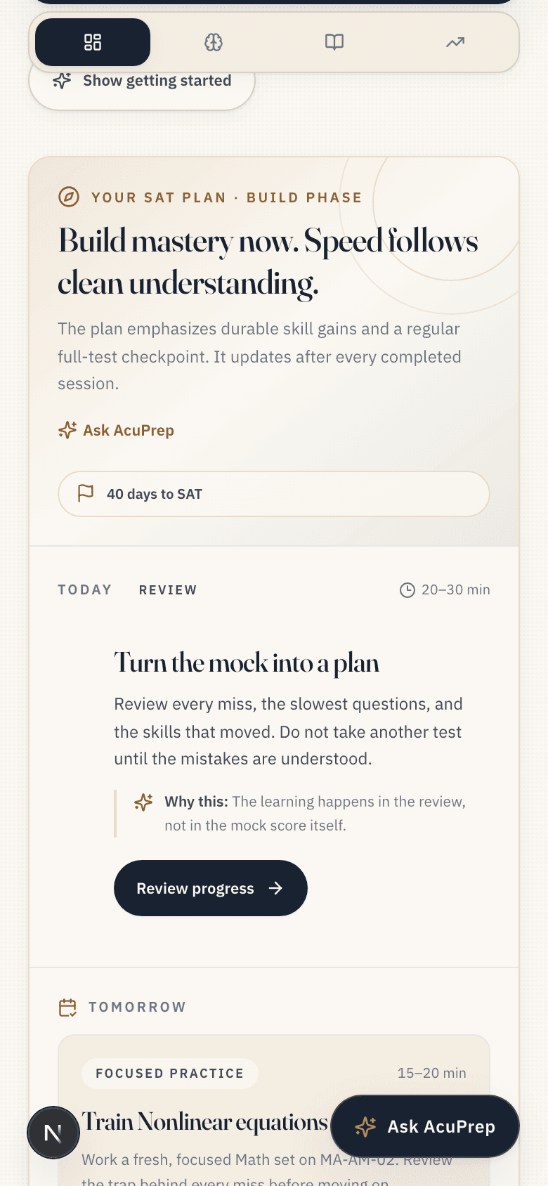 The AcuPrep personalized SAT dashboard running in a mobile web browser